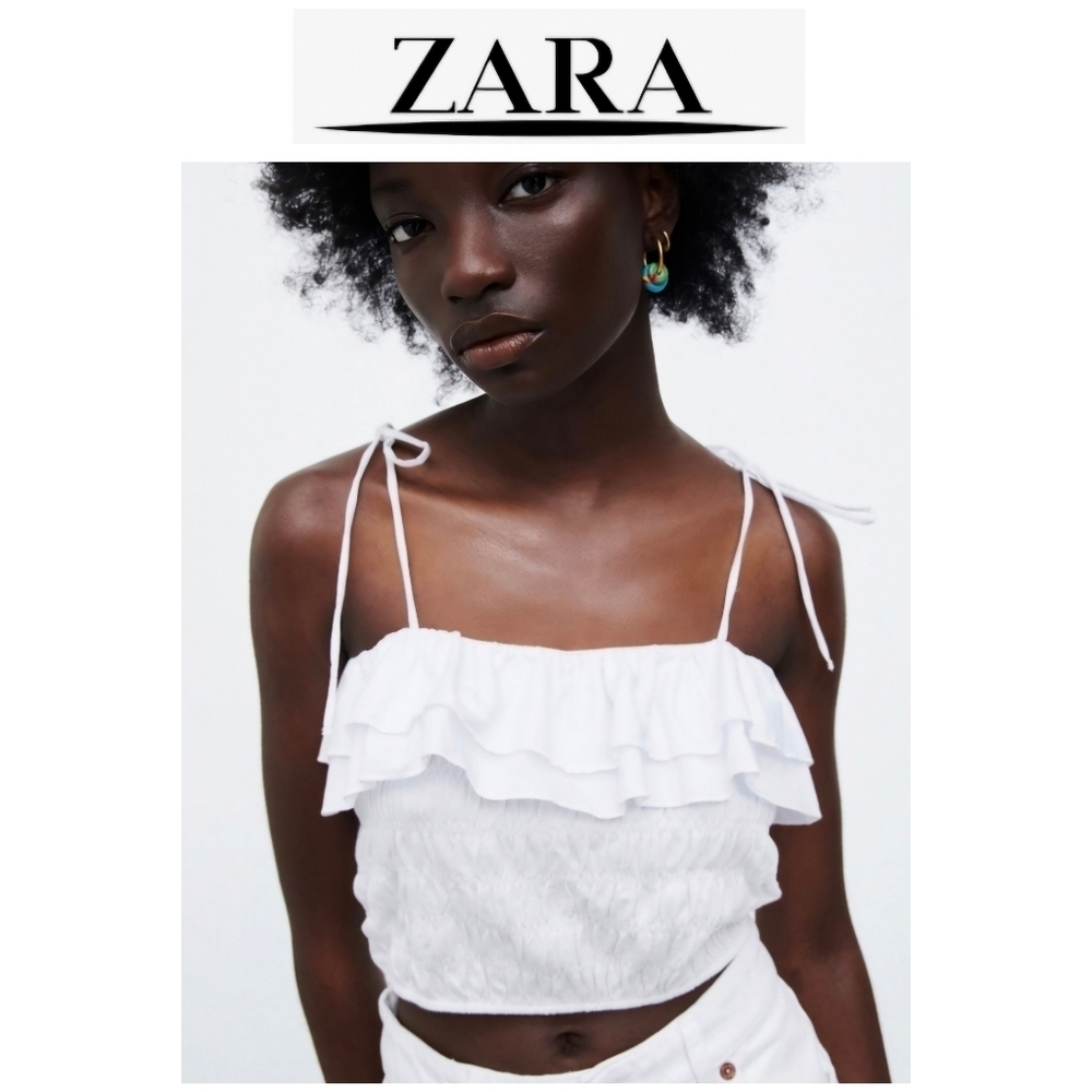 ✨️HP✨️ZARA ◇ White Ruched Crop Top, String Ties, Exaggerated Ruffles ◇Large◇ NWT